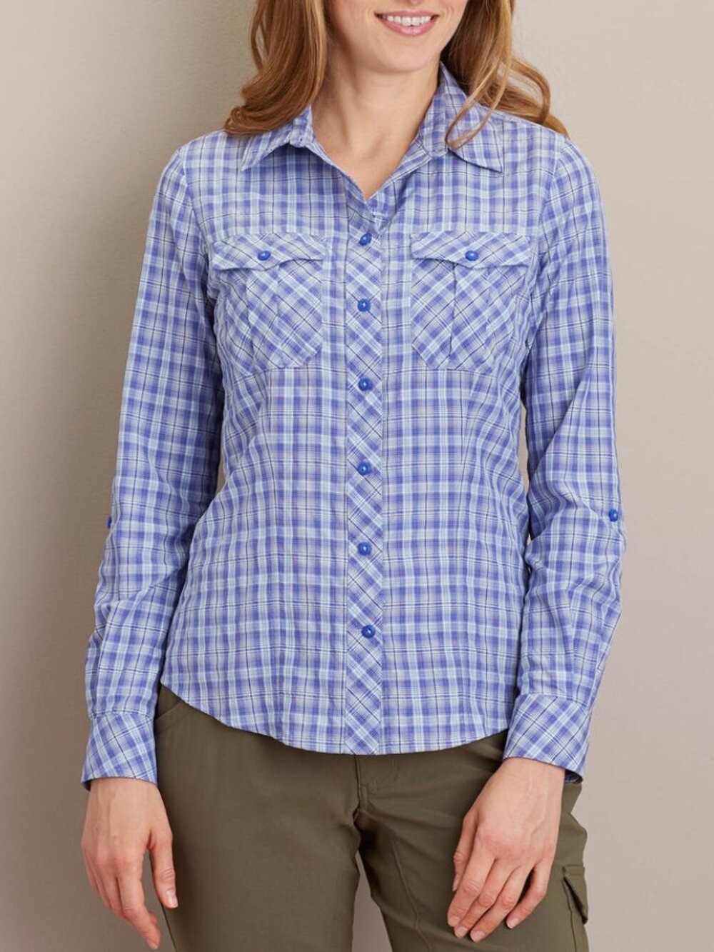 Duluth Trading Co Women's Large Armachillo Plaid Shirt Roll Tab Sleeve Classic